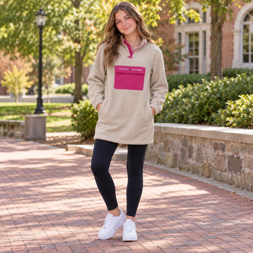 Tommy Hilfiger Fleece 1/4 Zip Pullover Girls Dress Sz 14/16 Preppy Logo Cozy
